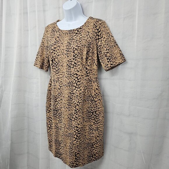 Lands" End Tan Black Animal Print Jersey Fit & Flare Dress Office Preppy 10 - Picture 7 of 15